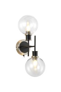 Jestero Switched Wall Light, 2 Light E14 With 15cm Round Glass Shade, Satin Nickel, Clear & Satin Black