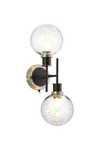 Jestero Switched Wall Light, 2 Light E14 With 15cm Round Crackled Glass Shade, Satin Nickel, Clear & Satin Black