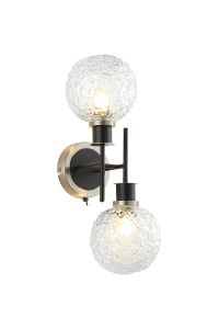 Jestero Switched Wall Light, 2 Light E14 With 15cm Round Textured Crumple Glass Shade, Satin Nickel, Clear & Satin Black