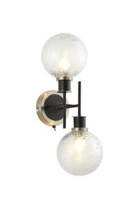 Jestero Switched Wall Light, 2 Light E14 With 15cm Round Dimpled Glass Shade, Satin Nickel, Clear & Satin Black