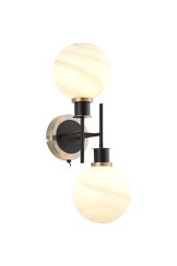 Jestero Switched Wall Light, 2 Light E14 With 15cm Round White & Grey Marble Effect Glass Shade, Satin Nickel & Satin Black Framework
