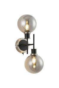 Jestero Switched Wall Light, 2 Light E14 With 15cm Round Glass Shade, Satin Nickel, Smoke Plated & Satin Black