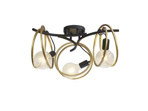 Clarus Double Ring Ceiling Flush, 3 Light E27, Matt Black / Painted Gold, G95/120 Lamp Recommended