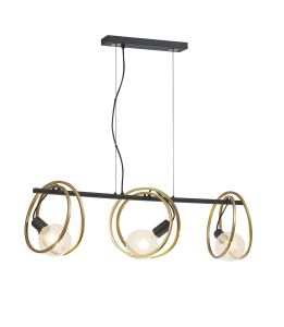Clarus Double Ring Linear Pendant, 3 Light E27, Matt Black / Painted Gold, G95/120 Lamp Recommended