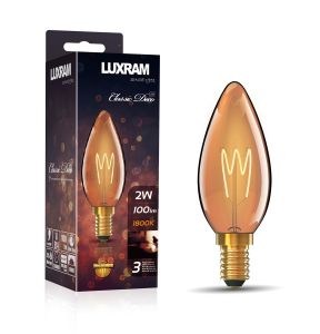 Classic Deco LED Candle/W E14 2W Extra Warm White 1800K, 100lm, Gold Finish, 3yrs Warranty