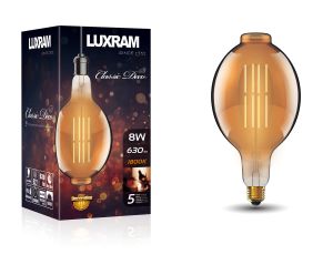 Classic Deco LED Bulged Tubular BT180 H Filament E27 Dimmable 8W Extra Warm White 1800K, 630lm, Gold Finish, 5yrs Warranty