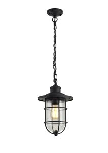 Comevari 17.5cm Pendant, 1 x E27, Black/Gold With Seeded Clear Glass, IP54, 2yrs Warranty