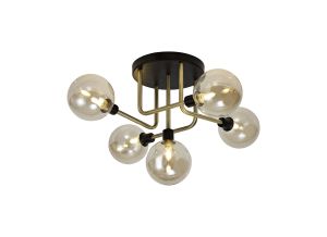 Filocaro Flush Ceiling, 5 Light G9, Matt Black/Antique Brass/Cognac Glass