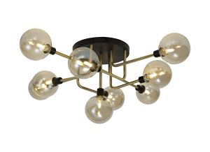 Filocaro Flush Ceiling, 9 Light G9, Matt Black/Antique Brass/Cognac Glass