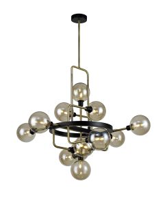 Filocaro 78cm Fixed Pendant, 12 Light G9, Matt Black/Antique Brass/Cognac Glass