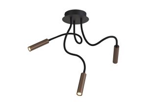 Focaccia Ceiling, 3 Light Adjustable Arms, 3 x 5W LED Dimmable, 3000K, 930lm, Black/Satin Copper, 3yrs Warranty
