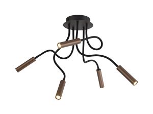 Focaccia Ceiling, 5 Light Adjustable Arms, 5 x 5W LED Dimmable, 3000K, 1550lm, Black/Satin Copper, 3yrs Warranty