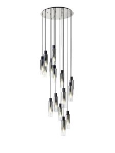 Formonix Round Pendant, 15 Light Adjustable E27, Black/Smoke Fade Glass, Item Weight: 25.3kg