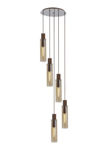 Formonix Round Pendant, 5 Light Adjustable E27, Mocha / Amber Glass