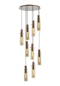 Formonix Round Pendant, 9 Light Adjustable E27, Mocha / Amber Glass