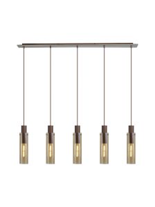 Formonix Linear Pendant, 5 Light Adjustable E27, Mocha / Amber Glass