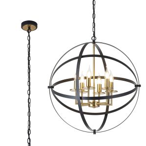Linso E14, 6 Light Adjustable 2 Tone Round Pendant In Black/Gold