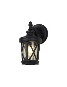 Georgino Down Round Criss Cross Wall Lamp, 1 x E27, IP44, Sand Black/Clear Seeded Glass, 2yrs Warranty