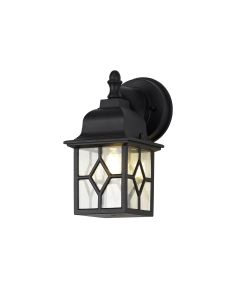 Georgino Down Square Criss Cross Wall Lamp, 1 x E27, IP44, Sand Black/Clear Seeded Glass, 2yrs Warranty