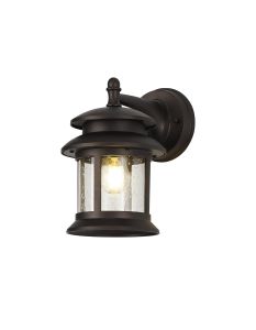 Georgino Down Round Wall Lamp, 1 x E27, IP44, Antique Bronze/Clear Seeded Glass, 2yrs Warranty