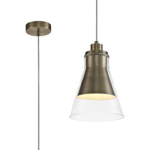 Giovanny 20cm Pendant, 1 x E27, Antique Brass/Clear Glass