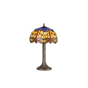 Girolamo 1 Light Tree Like Table Lamp E27 With 30cm Tiffany Shade, Blue/Orange/Crystal/Aged Antique Brass