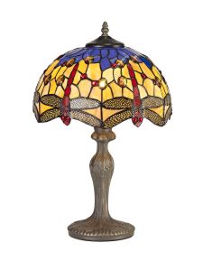 Girolamo 1 Light Curved Table Lamp E27 With 30cm Tiffany Shade, Blue/Orange/Crystal/Aged Antique Brass