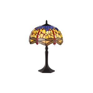 Girolamo 1 Light Octagonal Table Lamp E27 With 30cm Tiffany Shade, Blue/Orange/Crystal/Aged Antique Brass