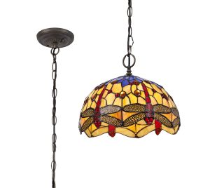 Girolamo 1 Light Downlighter Pendant E27 With 30cm Tiffany Shade, Blue/Orange/Crystal/Aged Antique Brass