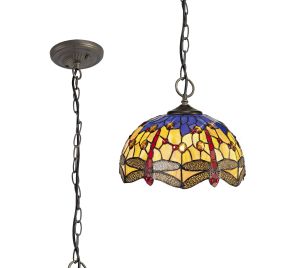 Girolamo 3 Light Downlighter Pendant E27 With 30cm Tiffany Shade, Blue/Orange/Crystal/Aged Antique Brass