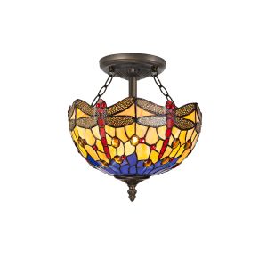 Girolamo 2 Light Semi Flush E27 With 30cm Tiffany Shade, Blue/Orange/Crystal/Aged Antique Brass