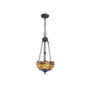 Girolamo 2 Light Uplighter Pendant E27 With 30cm Tiffany Shade, Blue/Orange/Crystal/Aged Antique Brass