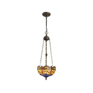 Girolamo 3 Light Uplighter Pendant E27 With 30cm Tiffany Shade, Blue/Orange/Crystal/Aged Antique Brass