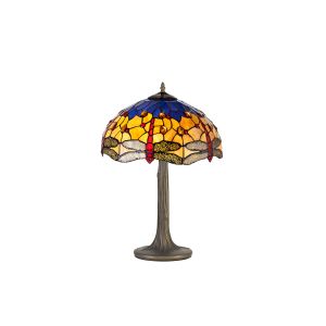 Girolamo 2 Light Tree Like Table Lamp E27 With 40cm Tiffany Shade, Blue/Orange/Crystal/Aged Antique Brass