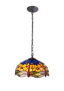 Girolamo 41cm 1 Light Downlighter Pendant E27 With 40cm Tiffany Shade, Blue/Orange/Crystal/Aged Antique Brass