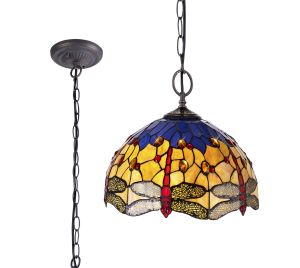 Girolamo 41cm 2 Light Downlighter Pendant E27 With 40cm Tiffany Shade, Blue/Orange/Crystal/Aged Antique Brass