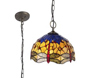 Girolamo 41cm 3 Light Downlighter Pendant E27 With 40cm Tiffany Shade, Blue/Orange/Crystal/Aged Antique Brass