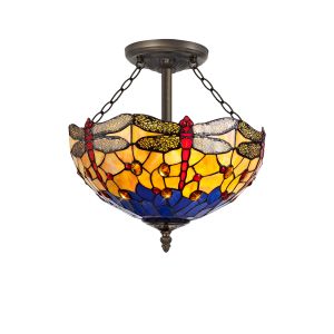 Girolamo 3 Light Semi Flush E27 With 40cm Tiffany Shade, Blue/Orange/Crystal/Aged Antique Brass