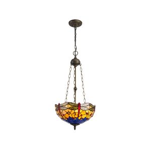 Girolamo 41cm 3 Light Uplighter Pendant E27 With 40cm Tiffany Shade, Blue/Orange/Crystal/Aged Antique Brass