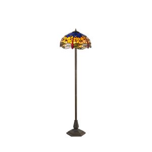 Girolamo 2 Light Octagonal Floor Lamp E27 With 40cm Tiffany Shade, Blue/Orange/Crystal/Aged Antique Brass