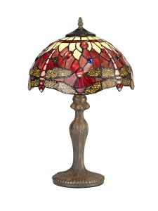 Girolamo 1 Light Curved Table Lamp E27 With 30cm Tiffany Shade, Purple/Pink/Crystal/Aged Antique Brass