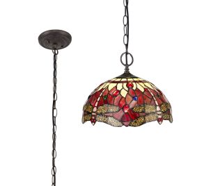 Girolamo 2 Light Downlighter Pendant E27 With 30cm Tiffany Shade, Purple/Pink/Crystal/Aged Antique Brass