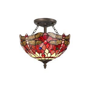 Girolamo 2 Light Semi Flush E27 With 30cm Tiffany Shade, Purple/Pink/Crystal/Aged Antique Brass