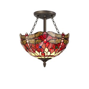 Girolamo 3 Light Semi Flush E27 With 30cm Tiffany Shade, Purple/Pink/Crystal/Aged Antique Brass