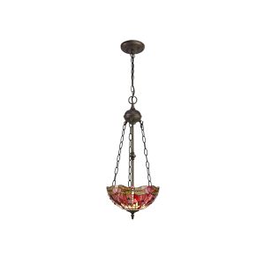 Girolamo 2 Light Uplighter Pendant E27 With 30cm Tiffany Shade, Purple/Pink/Crystal/Aged Antique Brass