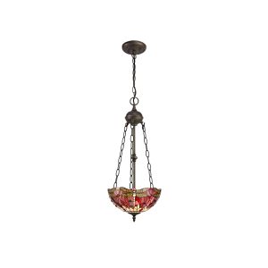 Girolamo 2 Light Uplighter Pendant E27 With 30cm Tiffany Shade, Purple/Pink/Crystal/Aged Antique Brass