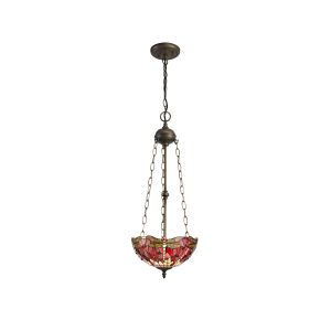 Girolamo 3 Light Uplighter Pendant E27 With 30cm Tiffany Shade, Purple/Pink/Crystal/Aged Antique Brass