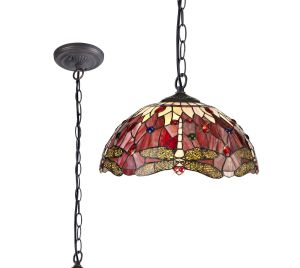 Girolamo 41cm 1 Light Downlighter Pendant E27 With 40cm Tiffany Shade, Purple/Pink/Crystal/Aged Antique Brass