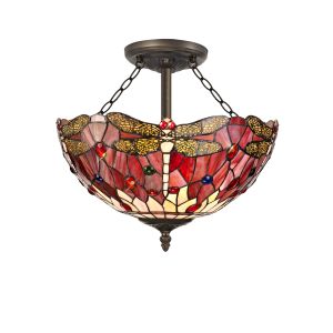 Girolamo 3 Light Semi Flush E27 With 40cm Tiffany Shade, Purple/Pink/Crystal/Aged Antique Brass