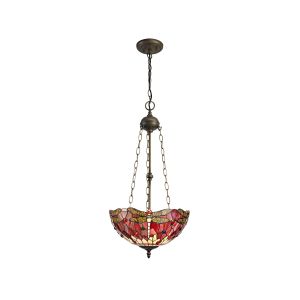 Girolamo 3 Light Uplighter Pendant E27 With 40cm Tiffany Shade, Purple/Pink/Crystal/Aged Antique Brass